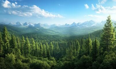 Fototapeta premium panoramic view of the dense green forests in the Mountains, with mountains visible on the horizon