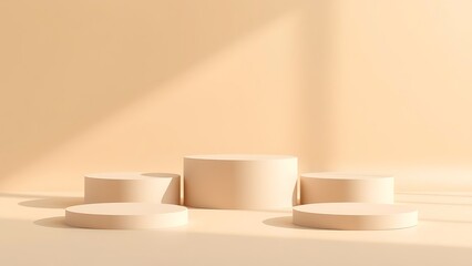 sophisticated 3d podium arrangement, multiple round platforms, neutral tones, warm lighting, clean composition, ideal for luxury branding, beauty products, skincare promotions