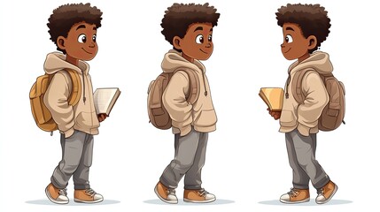 cute african american schoolboy walking with backpack and book vector cartoon illustration