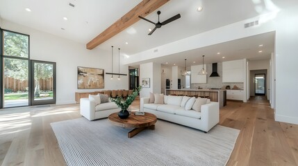 Refined and rustic farmhouse living area featuring weathered wood elements a plush area rug and industrial chic details creating an inviting and comfortable atmosphere