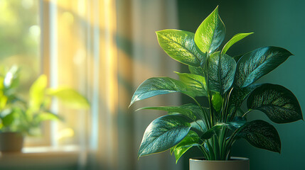 A leafy green plant with a yellowish tint symbolizes growth renewal and vitality The modern aesthetic represents contemporary sustainability and eco-conscious living Lush foliage evokes harmony and ba