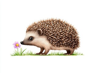 Obraz premium A cute hedgehog sniffing a colorful flower in a vibrant green meadow