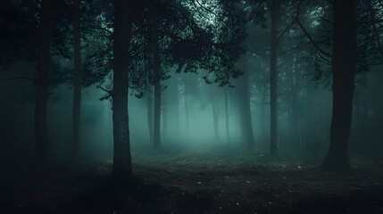 A Mystical Forest Scene Filled With Heavy Fog And Trees