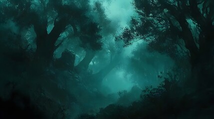 Fototapeta premium A mystical forest enveloped in an eerie turquoise and deep fog