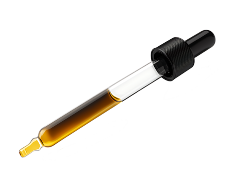 A   glass dropper filled with a small amount of liquid, with a single droplet forming at the tip isolated on a white background PNG AI GENERATED