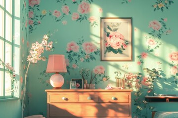 Charming Retro Retreat: Cozy Room Adorned with Pastel Hues and Floral Accents for a Vintage-Inspired Interior Design
