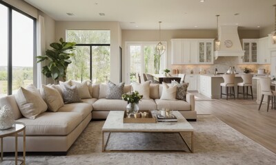 Fototapeta premium Elegant Open Concept Living Room and Kitchen Design with Natural Light