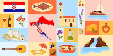 Detailed design featuring Croatian landmarks, traditional dishes, coastal elements, and cultural symbols like olive oil, cheese, and boats. Ideal vector illustration for travel and cultural promotions