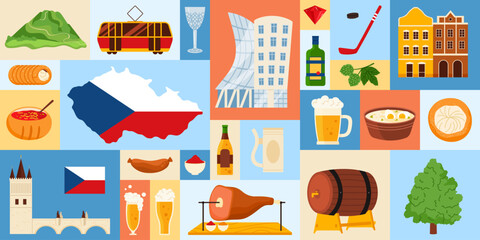 Illustration of Czech culture highlighting iconic landmarks, traditional foods, drinks, and unique cultural elements like Prague Castle, beer, and dumplings. Ideal for cultural or travel themes.