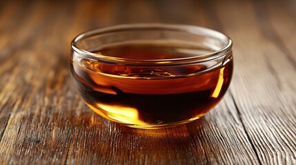 Fototapeta premium Amber Liquid in Glass Bowl on Wood Table