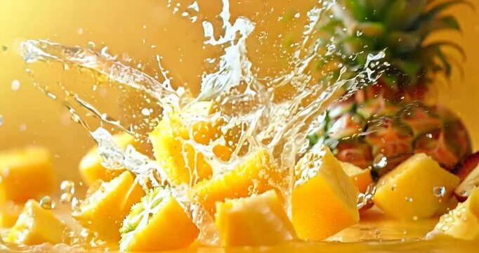 Dynamic and Visually Captivating Image of Pineapple Chunks Splashing in Water with Refreshing Droplets