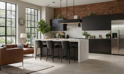 Fototapeta premium Elegant and Modern Kitchen Interior with Island and Cozy Living Space