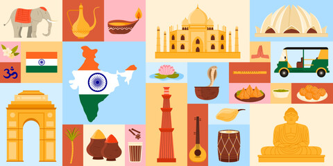 Representation of Indian culture featuring landmarks Taj Mahal, traditional food, symbols, vibrant cultural lotus flowers, spices, rickshaw. Perfect for cultural and travel themes. © Flash Vector
