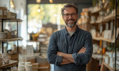 Obraz premium Smiling man in casual attire standing in a cozy shop interior