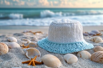 White and light blue handmade crochet bucket hat sits on a sandy beach at sunset, surrounded by seashells and starfish