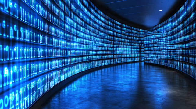 A futuristic digital library with glowing binary code flowing across bookshelves, symbolizing the fusion of traditional knowledge and modern information technology, data storage, and digital advanceme - Powered by Adobe