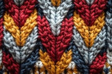 Close-up view of a vibrant knitted fabric, showcasing a chevron pattern in red, yellow, gray, and blue hues