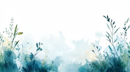 A blue and white background with a bunch of green leaves