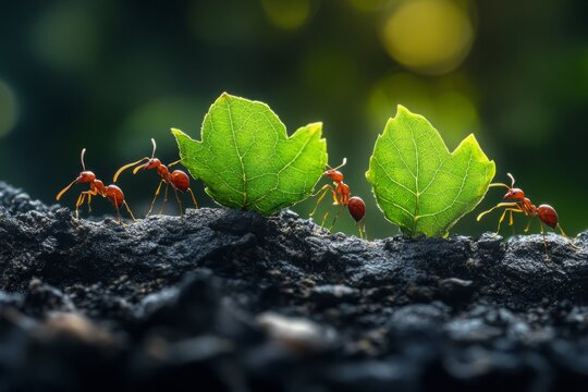 Red ants carrying leaves on a branch, demonstrating teamwork and industry in their natural environment