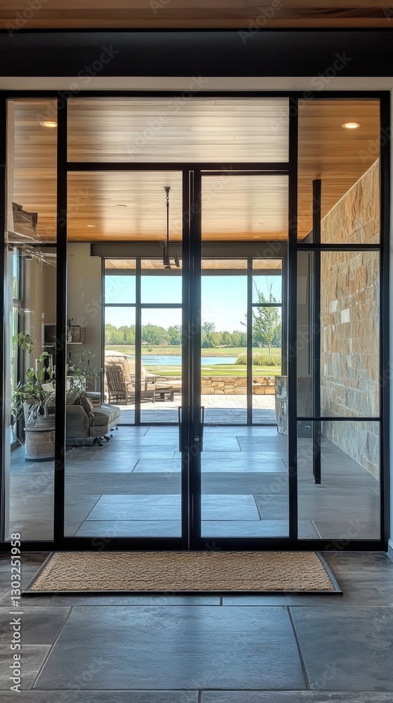 Poster inviting entrance opens to a stunning view of nature, blending modern architecture with the serene l