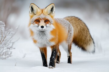 Fototapeta premium Wild red fox walking on snow in a winter landscape