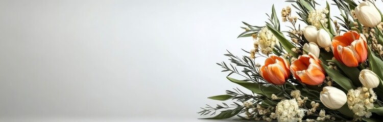 Fresh Spring Bouquet with Orange and White Tulips and Delicate Greenery on Soft Grey Background