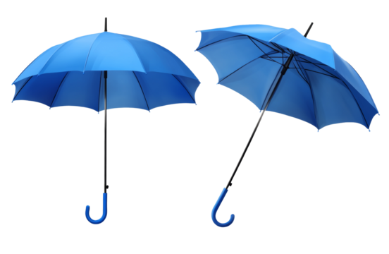 Two open blue umbrellas. Transparent background