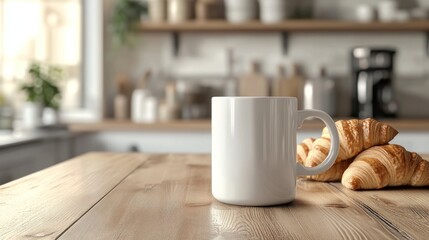 Obraz premium White ceramic mug and croissants on a wooden kitchen table