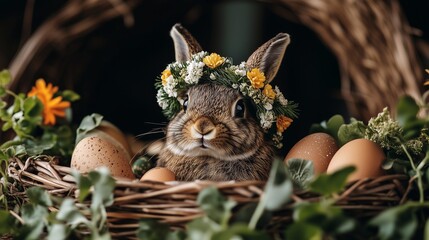 Obraz premium Easter Rabbit with coloured eggs in basket 