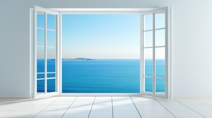 Fototapeta premium Open window view ocean digital art bright interior serene perspective midjourney concept