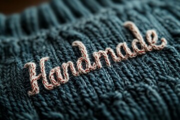 Close-up of handmade lettering embroidered on a blue woolen fabric, representing craftsmanship and unique design