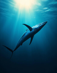 Fototapeta premium Eleganter Hai schwimmt durch das Lichtspiel des Ozeans
