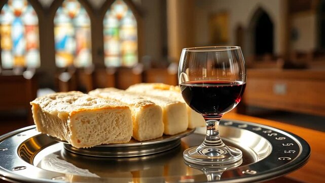 Close up view of communion elements bread and wine ready for holy eucharist in a church interior
