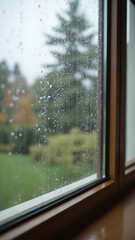 Naklejka premium Raindrops sliding down windowpane create a cozy atmosphere indoors by distorting view of outside world
