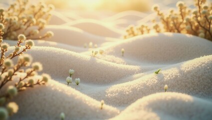 Fototapeta premium A snowy field is covered in white flowers. The snow is fluffy and the flowers are small and delicate. The scene is peaceful and serene, with the snow