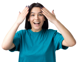 Picture of brunette teenage girl covering face with hands and peeping through her fingers.