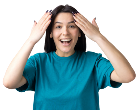 Picture of brunette teenage girl covering face with hands and peeping through her fingers.