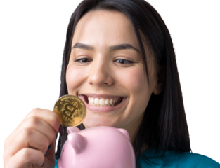 The girl holds a pink piggy bank and a coin in her hands. The concept of wealth and accumulation.
