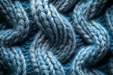 Close-up of a cable knit fabric showing a wavy pattern in shades of blue and white, ideal for winter fashion and cozy backgrounds