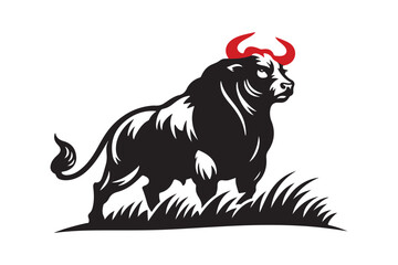 Black Bull with Red Horns Standing Proudly on Grass &ndash; Symbol of Strength and Resilience