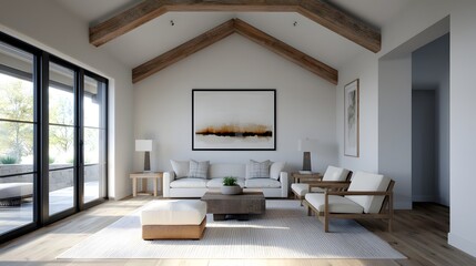 Inviting farmhouse style living space featuring reclaimed wood beams a cozy seating arrangement and a blend of modern and antique furnishings that create a relaxed and homey feel