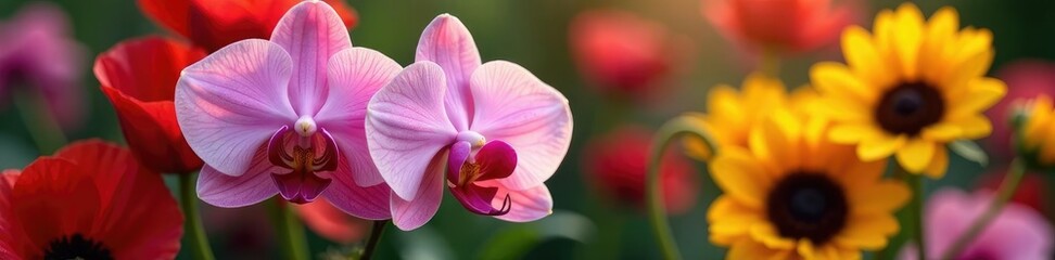 Obraz premium Soft pink orchid nestles between velvety red poppies and sunflowers, garden flowers, botanical garden, flower bouquet