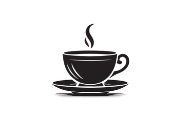 Minimalist Black and White Steaming Coffee Cup on Saucer.