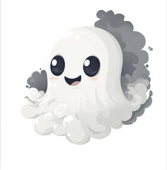 Obraz premium A white cartoon ghost with a big smile on its face surrounded by a cloud of smoke, which gives it a mysterious appearance