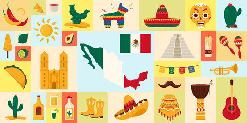 Travel to Mexico geometric poster design. Elements of Mexican culture and carnival party, map and flag of country, sombrero and poncho, moustache of mariachi and tequila cartoon vector illustration
