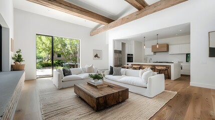 Inviting and charming farmhouse inspired living area with distressed wood beams a textured area rug and a harmonious blend of industrial and vintage inspired furnishings