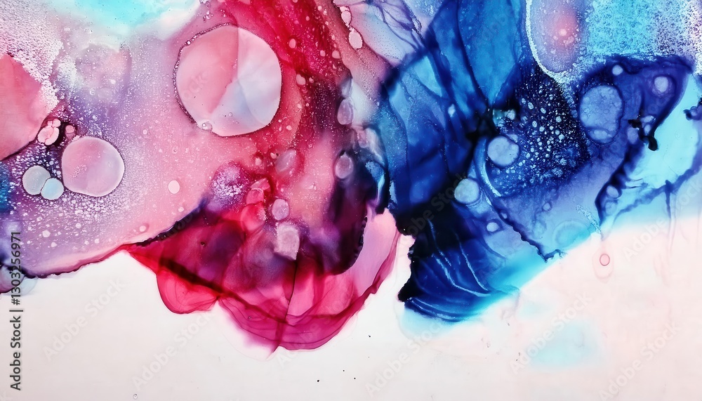 Poster abstract fluid art with vibrant pink and deep blue ink blending, creating organic textures and soft 