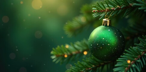 Obraz premium Twinkling green ornament nestled among pine needles, branch, shine, tree