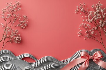 Vibrant Coral Background with Silver Waves and Blush Ribbon Design Template