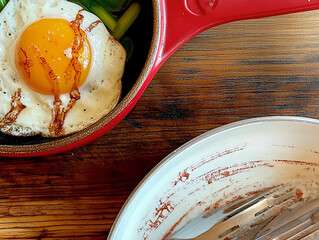 A poached egg in a red frying pan as seen from above on a wooden kitchen worktop.